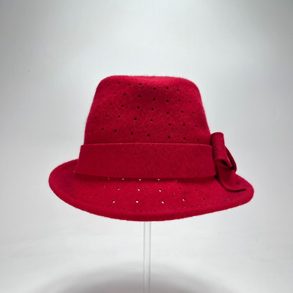 Midnight Velvet Fedora Crimson Red Laser Cut Bow Wool Cloche Dress Hat Women's